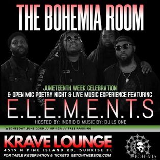 Elements305's tweet image. This Wednesday catch us at #kravelounge for #JuneTeenth2021  sponsered by @MsIngridB  and @BSideEnt #BlackMusicMonth #southfloridaevents #livemusic #dopevibes