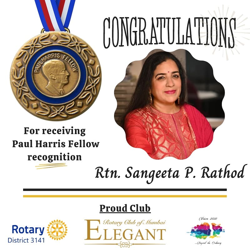 Congratulations to our member Rtn. Sangeeta Rathod for receiving the Paul Harris recognition.. the world needs more humans like you !!

#therotaryfoundation #paulharrisfellow #rotaryinternational #rotarydoinggoodintheworld #rotarywomen #rotarydistrict3141 #rotaryindia