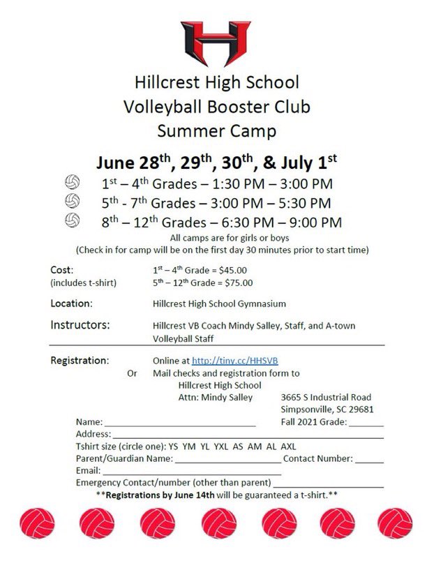 Looking for a Volleyball Camp this summer?
Checkout Hillcrest High School Volleyball's Camp!
June 28th - July 1st. 

Note the ages, and their respective times......1st grade to 12th!

Sign up by Monday, June 14th to receive a t-shirt

<a href="/HillcrestHSRams/">Hillcrest Rams</a> 
@hillcrest_coach
.