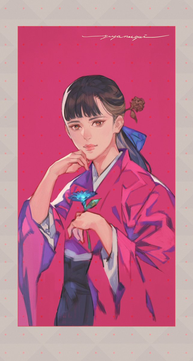 1girl solo flower holding flower blue flower brown eyes japanese clothes  illustration images
