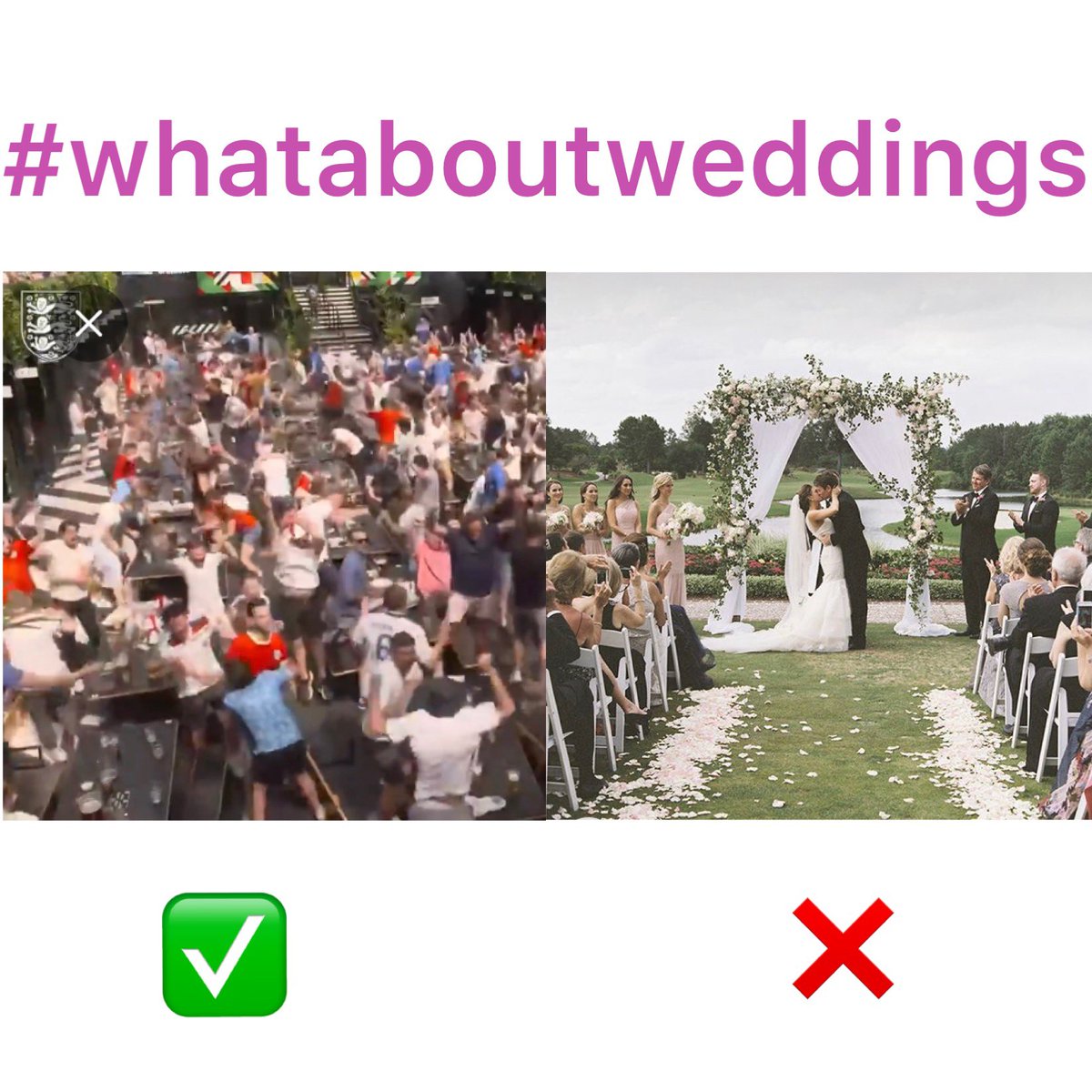 Emilylkey's tweet photo. #whataboutweddings 
On what planet is the picture on the left, safer than the picture on right? 🤯

@BorisJohnson @MattHancock @scullyp @WAWofficialUK @Siobhan_Baillie @thetimes @itvnews @BBCWorld @Telegraph @MailOnline https://t.co/2GbCC1BTA4