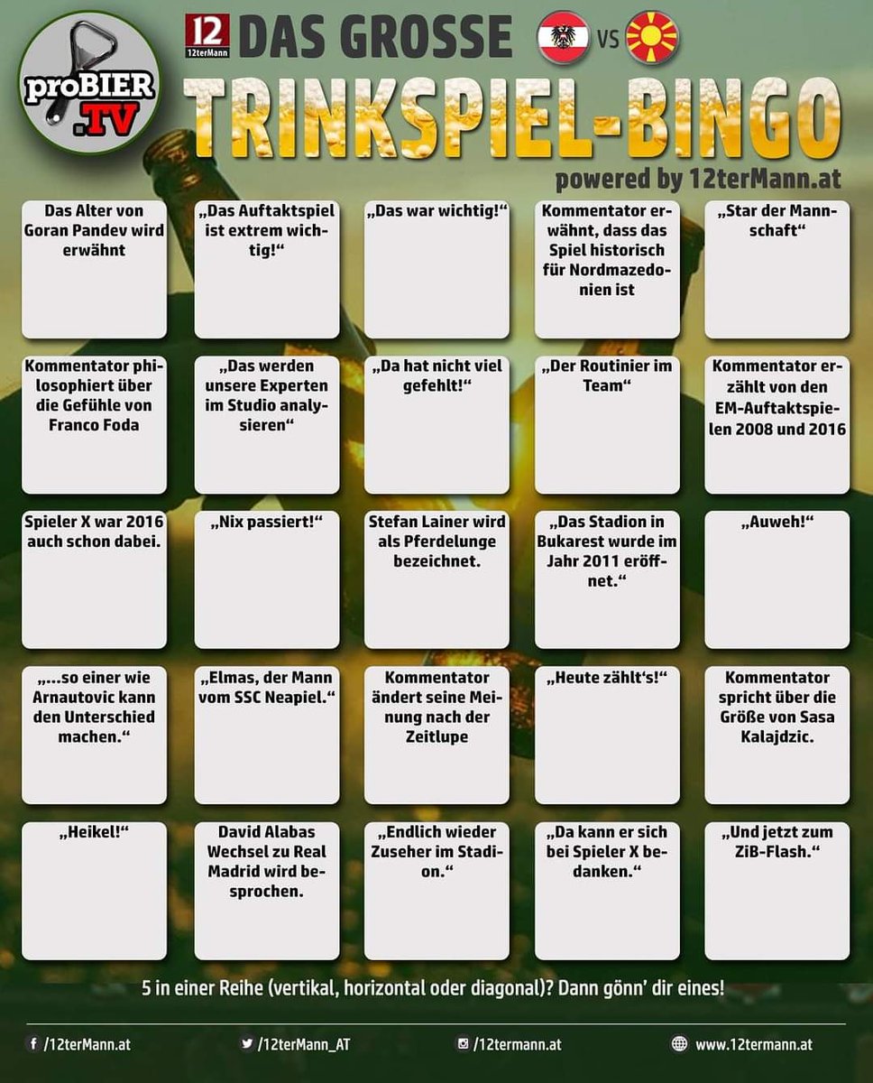 12terMann_AT's tweet photo. Fußball und Bier gehören einfach zusammen. Damit die Erfrischung nicht zu kurz kommt präsentieren wir euch unser Trinkspiel-Bingo. Alle Bierfreunde sind bei unserem Partner #proBier bestens aufgehoben. Infos, Hintergrundwissen und jeden Tag ein Verkostungsvideo. Na dann: Prost! https://t.co/hqC519llz5