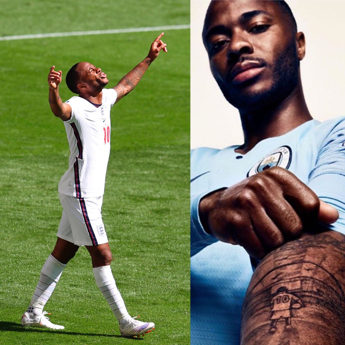 Raheem Sterling tiene un tatuaje en su brazo, recordando cuando era chico y se quedaba mirando el viejo Wembley, soñando con jugar allí, con la 10 en la espalda. Hoy, por fin, anota su primer gol en un torneo con Inglaterra. Con la "10". Y en Wembley. Pura emoción al celebrarlo.