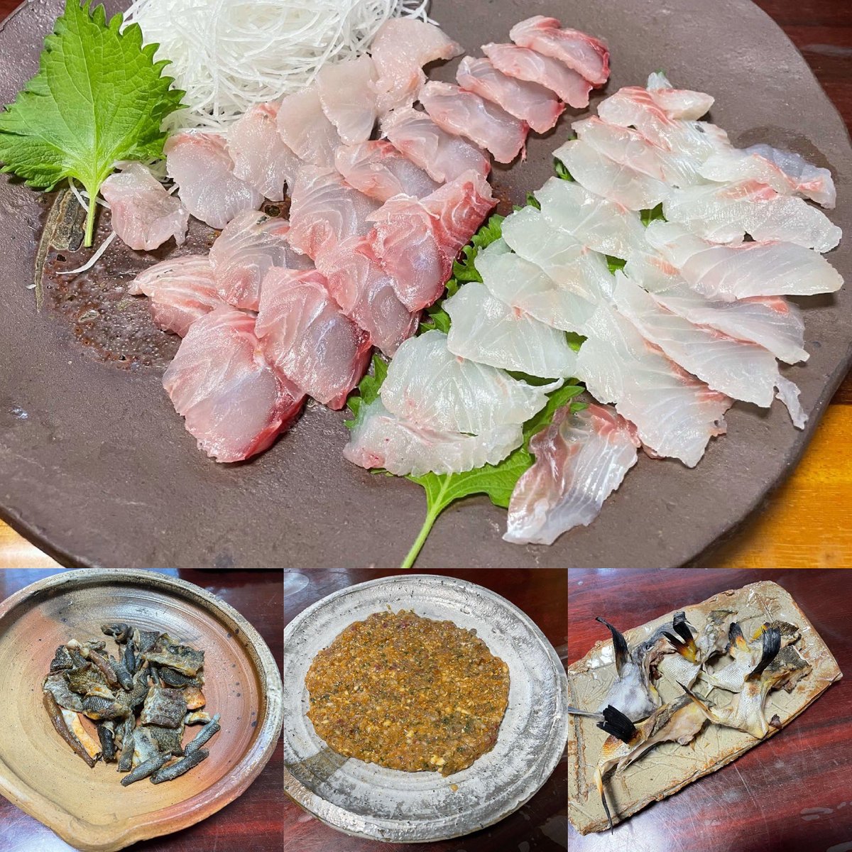 柳潤司 釣った魚を捌いて 仕込んで食卓に上げるにはチョイと時間がかかります イサキ 石鯛のカマの塩焼き 石鯛 イサキ ホウボウの皮の炙り なめろう ホウボウ イサキ 石鯛の刺身 アジ 石鯛の卵の煮物 イサキこ白子ポン酢 酒は作穂乃智 そして しめ