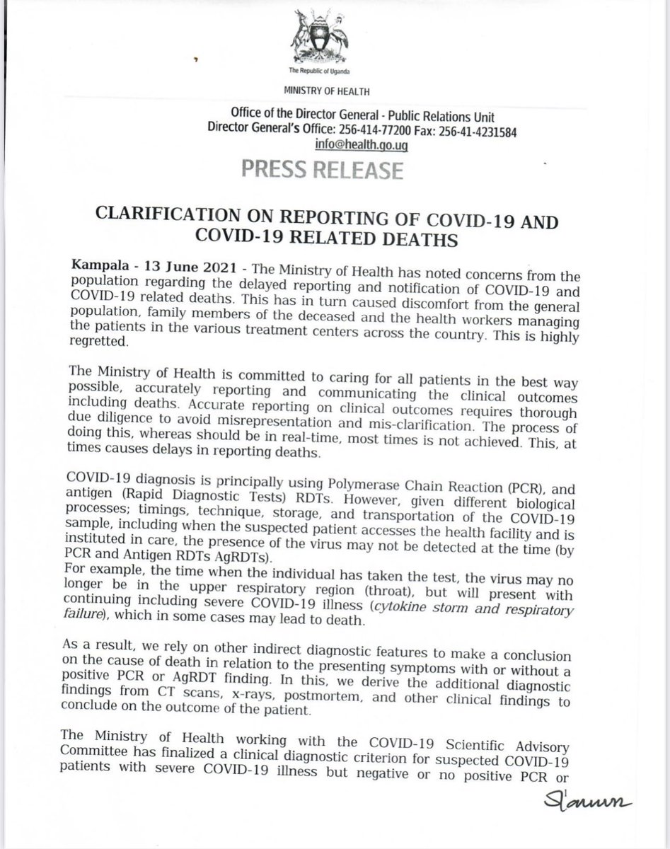 MinofHealthUG's tweet photo. PRESS RELEASE: Clarification on reporting of COVID-19 and COVID-19 related deaths https://t.co/YbqF9jifEx