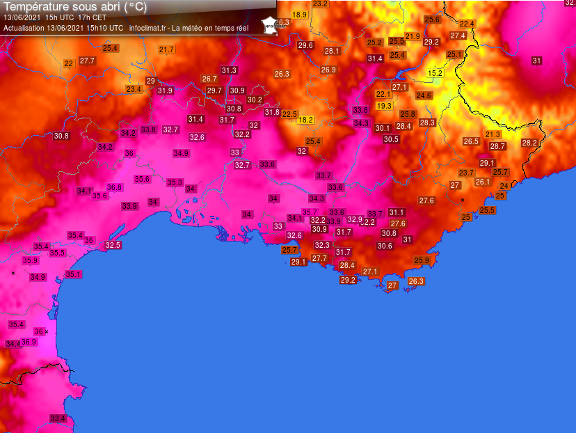 Très fortes chaleurs dans le sud-est avec jusqu'à 37.4°C dans les #PyrénéesOrientales, 37.1°C à Perpignan mais également 36.8°C à Béziers ou 36.5°C dans les Corbières (Lézignan dans l'#Aude).
Il s'agit de valeurs remarquables pour une deuxième décade de juin. 