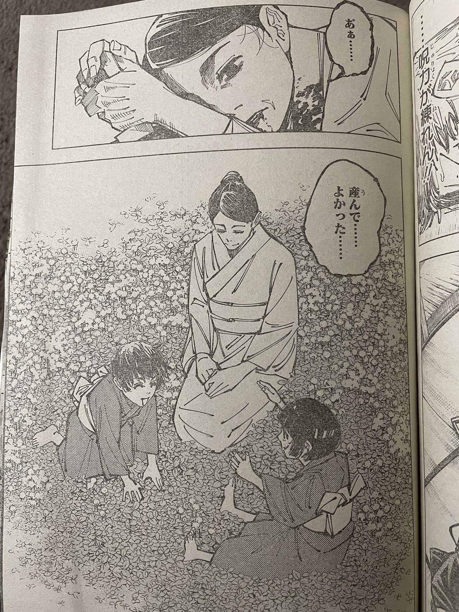 縁 えにし 本誌ネタバレ 自らの手で殺した母 そして過去回想 真依ちゃんのことで涙する桃 そして桃はこの先どうすのって聞く真希さん この真希さんの表情 一体次なる目的は如何に 芥見先生ゆっくり休んで下さい 約１ヶ月後楽しみです 呪術廻戦 呪術