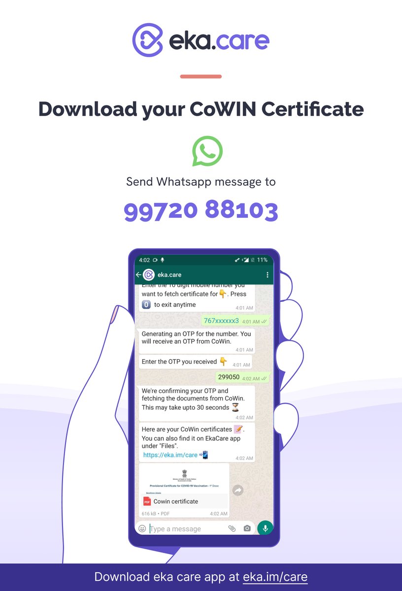 vikalpsahni's tweet image. Say Hi, to the most important medical document today, your #CoWIN vaccine certificate. Download and store them in the secure Eka Care Vault with your other documents. Use our WhatsApp integration with #CoWIN public APIs. wa.me/919972088103?t… &amp;amp; share ur feedback
@ekacareHQ