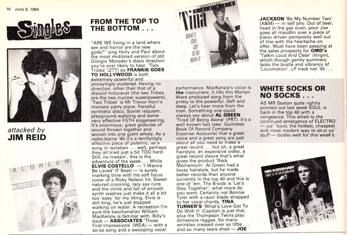 RMMoves's tweet photo. The singles reviewed by @JimR56 in Record Mirror magazine June 9, 1984. #NowPlaying 'Single of the Week' Frankie Goes To Hollywood's 'Two Tribes' on https://t.co/Y0tKHZJdlL "great globules of sound thrown together and woven into one giant whole" #RMMoves #SOTW https://t.co/EWDB2Pdl0Z