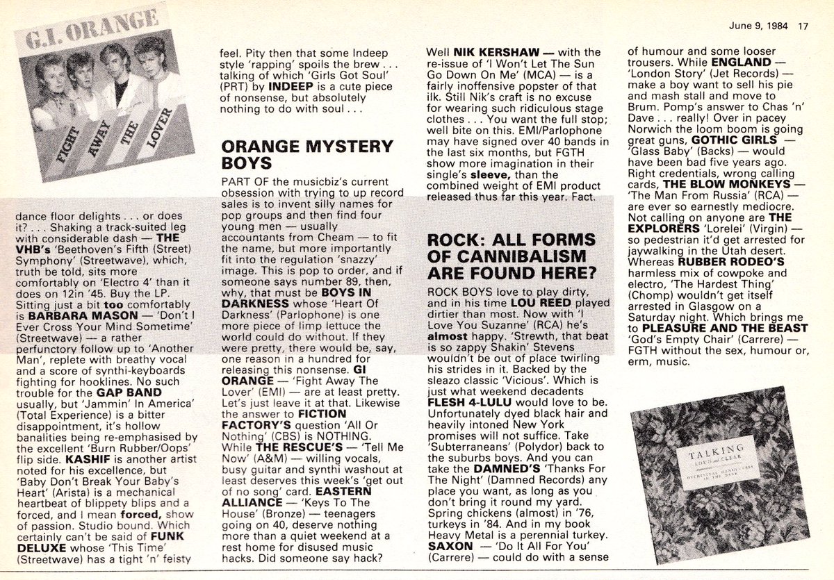 RMMoves's tweet photo. The singles reviewed by @JimR56 in Record Mirror magazine June 9, 1984. #NowPlaying 'Single of the Week' Frankie Goes To Hollywood's 'Two Tribes' on https://t.co/Y0tKHZJdlL "great globules of sound thrown together and woven into one giant whole" #RMMoves #SOTW https://t.co/EWDB2Pdl0Z