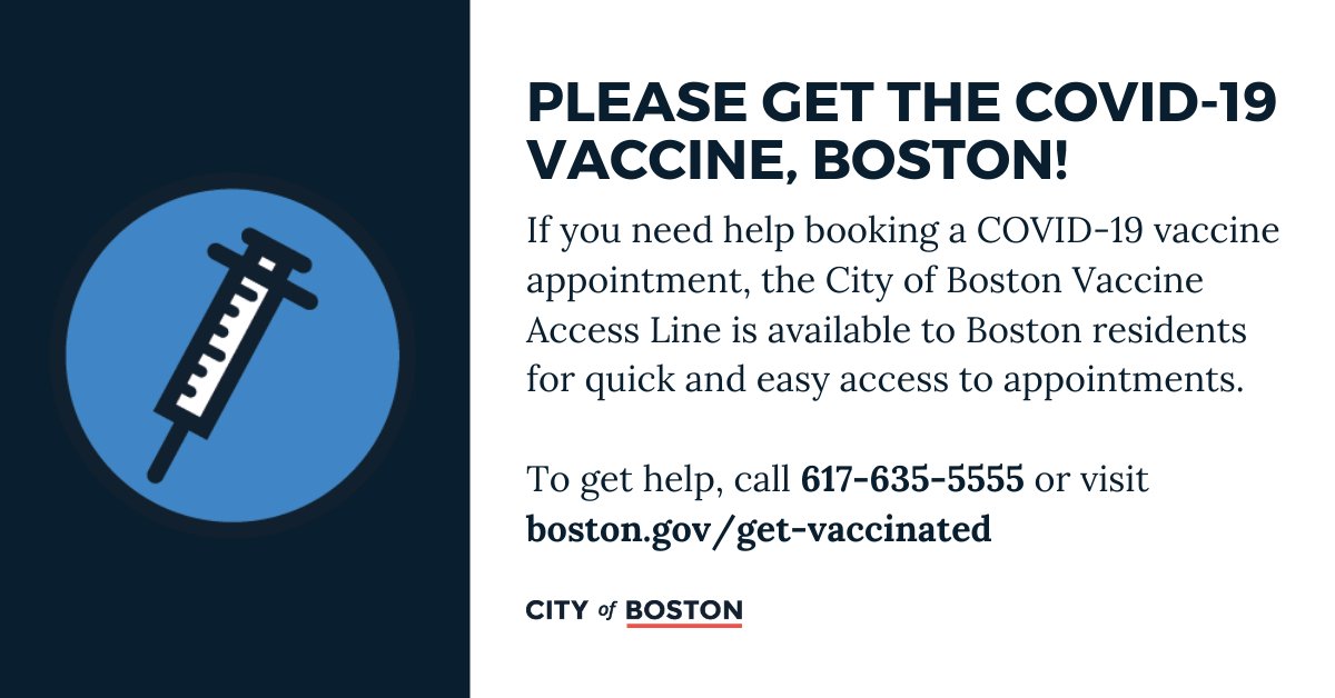 HealthyBoston's tweet image. #Boston, please get the #COVID19 vaccine if you haven't already. The @CityOfBostonVaccine Access Line is available to make the appointment for you. It is quick and easy. Just call 617-635-5555 or visit boston.gov/get-vaccinated #GetTheVax