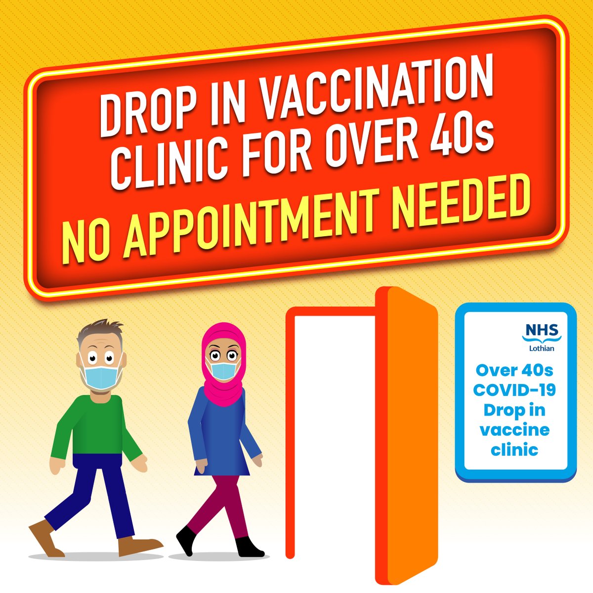NHS Lothian (@nhs_lothian) on Twitter photo Starting tomorrow, all mass vaccination centres except Lowland Hall will be running drop-in clinics for over 40s. The opening times for the drop-in clinics is 8.30am-5.30pm. For more information, visit nhslothian.scot/Coronavirus/Va…. Starting tomorrow, all mass vaccination centres except Lowland Hall will be running drop-in clinics for over 40s. The opening times for the drop-in clinics is 8.30am-5.30pm. For more information, visit nhslothian.scot/Coronavirus/Va….