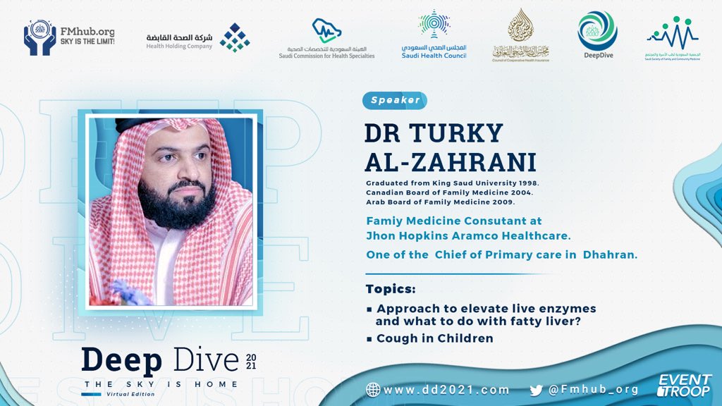 Fmhub_org's tweet photo. #يحدث_الآن 

✨ Approach to cough in children
Approach, management and follow-up of patient with: 
1.Bronchiolitis 
2.Croup
3.Chronic bronchitis
4.Breath holding spells

✨Dr.Turky Zahrani

 #DeepDive2021
#Sky_Is_Home https://t.co/DqskSawhO5