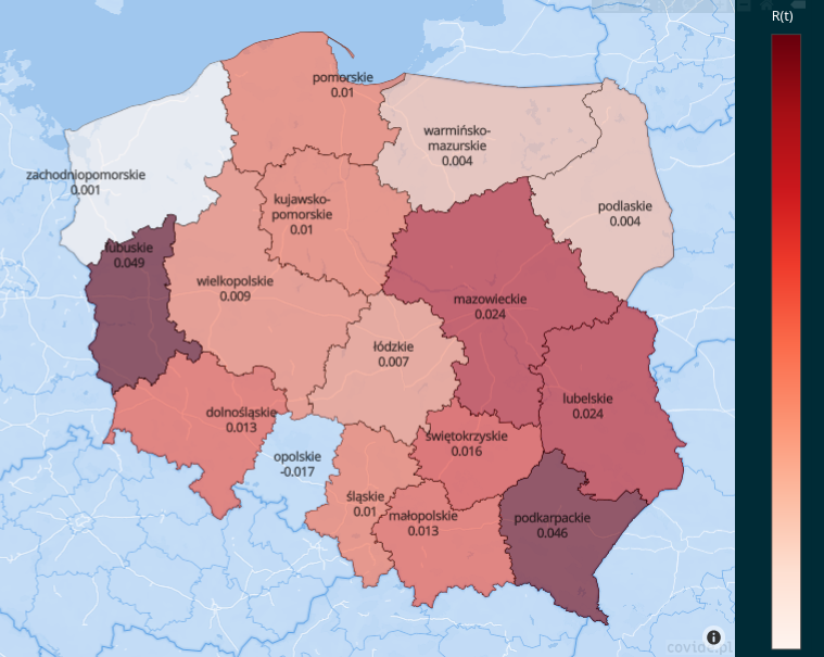 Mapa wojewódzka średnich dziennych różnic współczynnika reprodukcji R(t). 
Tylko opolskie notuje spadek, w pozostałych - wzrosty lub stabilizacja (zachodniopomorskie).
Obliczenia R(t) dla województw: <a href="/adas_torun/">Adam Gapiński adas-torun.bsky.social 🇵🇱 😷 🇺🇦</a>
