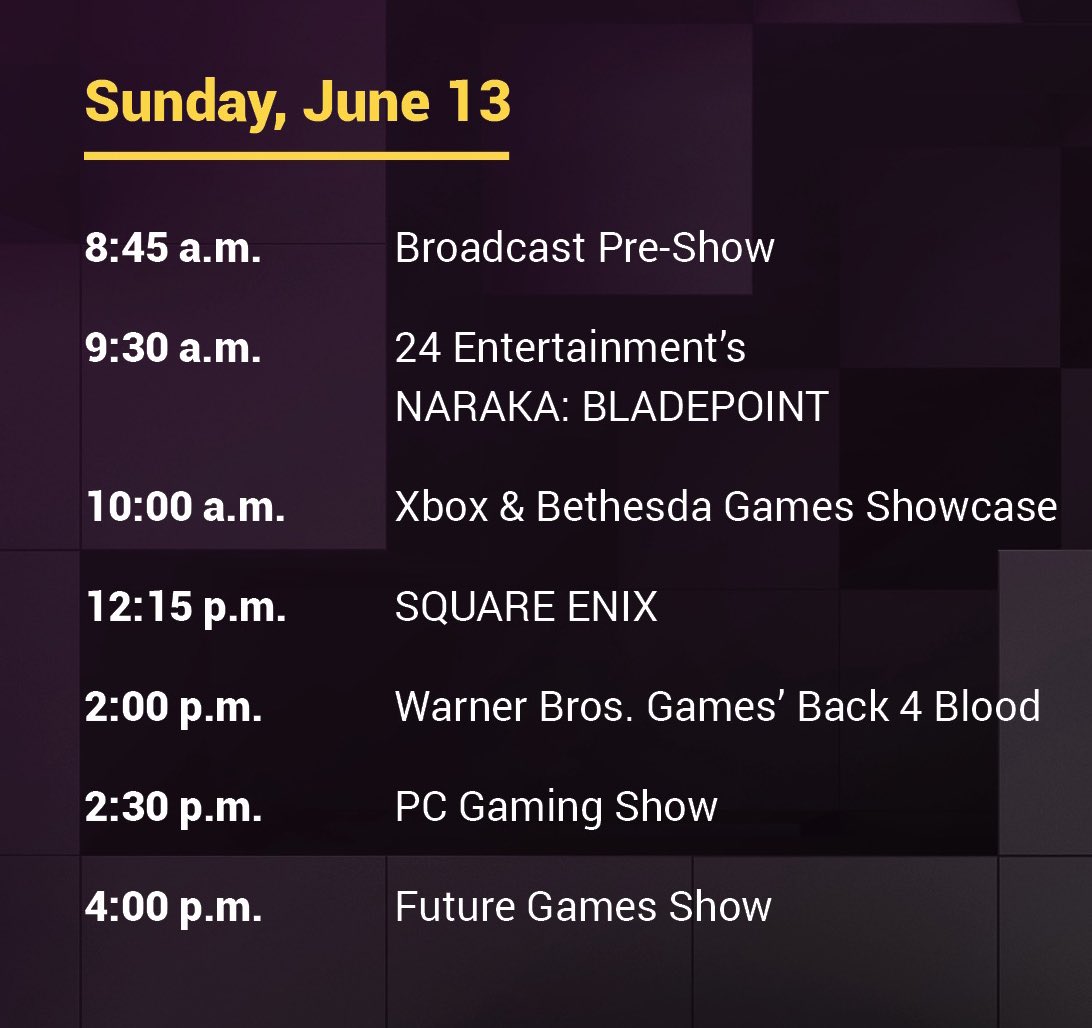 officialbijou's tweet photo. Which show are you excited for?? #E32021 #E3 Schedule for today https://t.co/WqaErPeC6i