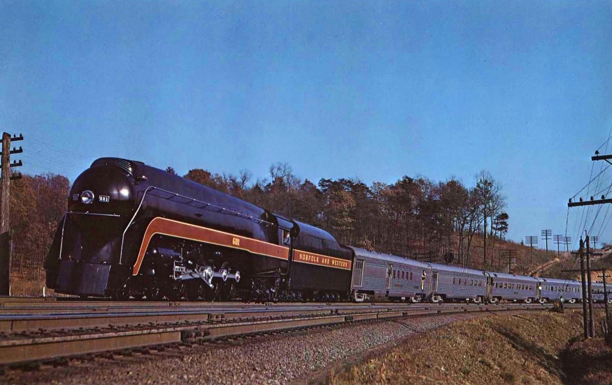 americanrails's tweet photo. Southern Railway's, "Tennessean."  In this Norfolk &amp; Western publicity photo, 4-8-4 #601 (J) is posed ahead of the "Tennessean" during the 1940s. The train operated over the N&amp;W between Lynchburg, Virginia and Bristol, Virginia/Tennessee. https://t.co/YYaDZc59Es https://t.co/C9WE3Lc5zA
