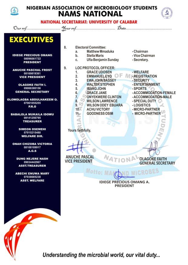 In respect to the upcoming National NAMS Conference, these commitee will work for the success of this conference holding from 31st August-September 4th, 2021 in University of Calabar, Cross River State. 

#ShutdownCalabar2021