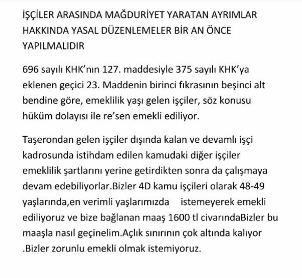 696 4D'li KHK'LI işçilere zorunlu emeklilik adaletsizliği #unutulmaz ACİLEN KALDIRILMALI ANAYASANIN EŞİTLİK İLKESİNE İNSAN HAKLARINA İLO SÖZLEŞMESİNEDE AYKIRIDIR ÇALIŞMA ÖZGÜRLÜĞÜ KISITLANAMAZ <a href="/vedatbilgn/">Vedat Bilgin</a> <a href="/AGizlier/">aslı gizlier</a> <a href="/SonucAysel/">aysel Sonuç🟢🇹🇷</a> <a href="/Selime69799887/">Selime</a> <a href="/hasandogan/">Hasan Doğan</a> <a href="/iloankara/">ILO Türkiye</a> <a href="/sabantck/">şaban çekil</a>