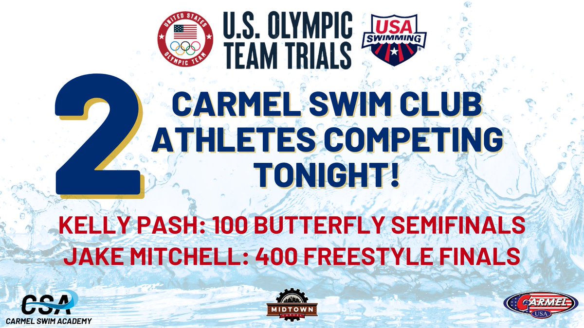 WE GET TO CHEER ON 2 CARMEL SWIM CLUB ATHLETES TONIGHT! Make sure Kelly and Jake can hear us from <a href="/MidtownCarmel/">Midtown Carmel</a> as they compete at Olympic Trials in Omaha.
Watch <a href="/USASwimming/">USA Swimming</a>  #SwimTrials21 on the big screen. The broadcast starts LIVE at 8 PM. Arrive early to claim a spot!