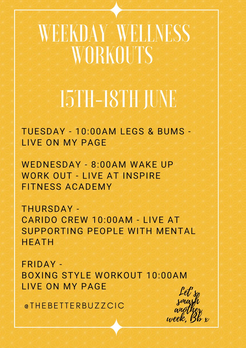 TheBetterBuzz1's tweet photo. This weeks timetable!
https://t.co/q8zUIkZl9z
#homeworkout #shortworkout #bettermentalhealth #wellbeing #weekdayworkouts #londonmum https://t.co/GtNnDLUKSz