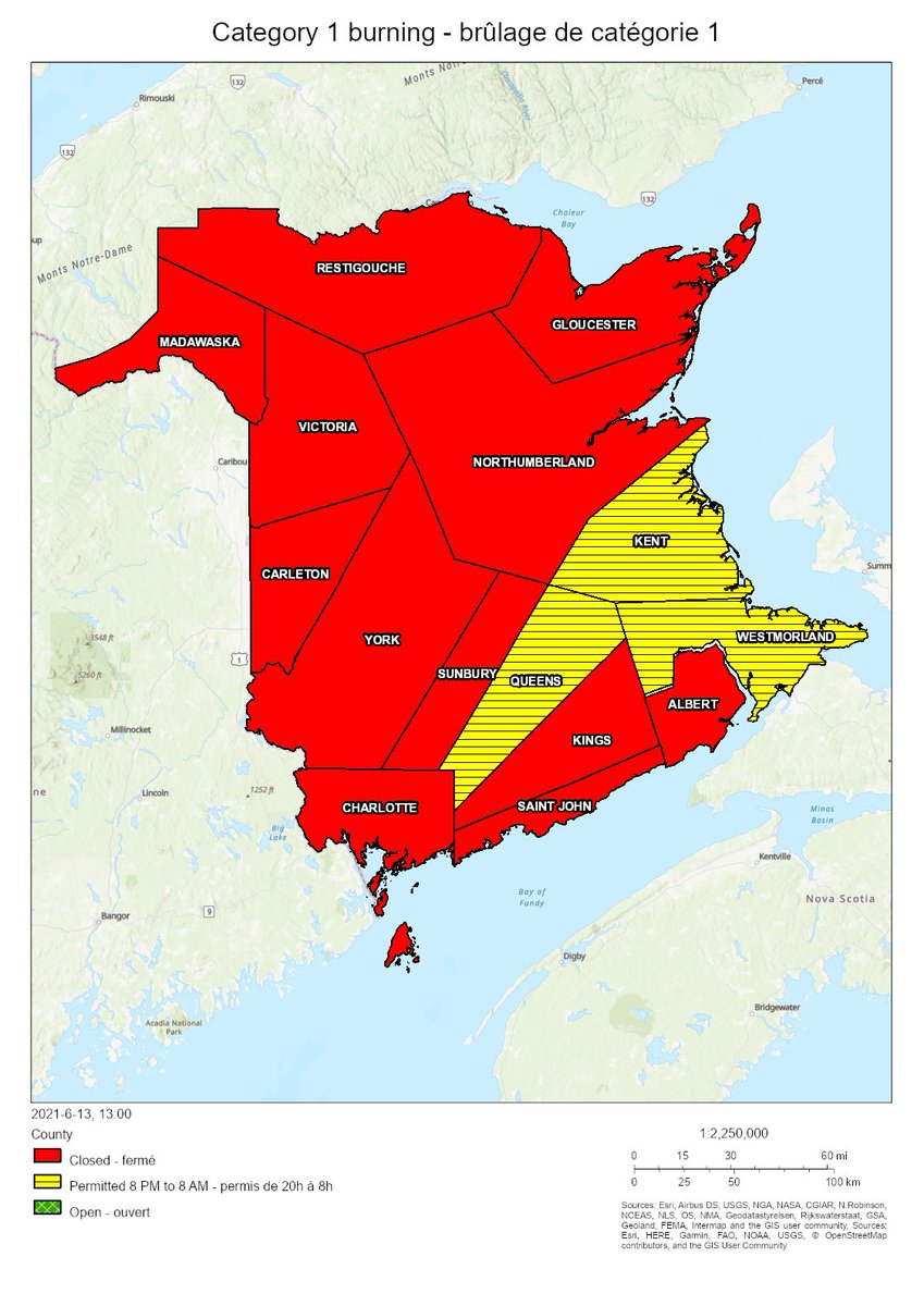 NBForestFires's tweet image. Burning conditions are valid from 2 PM June 13th to 2 PM June 14th.

Between 8 PM and 8 AM burning is permitted in the following counties:  Kent, Queens and Westmorland

 All other counties are closed for burning