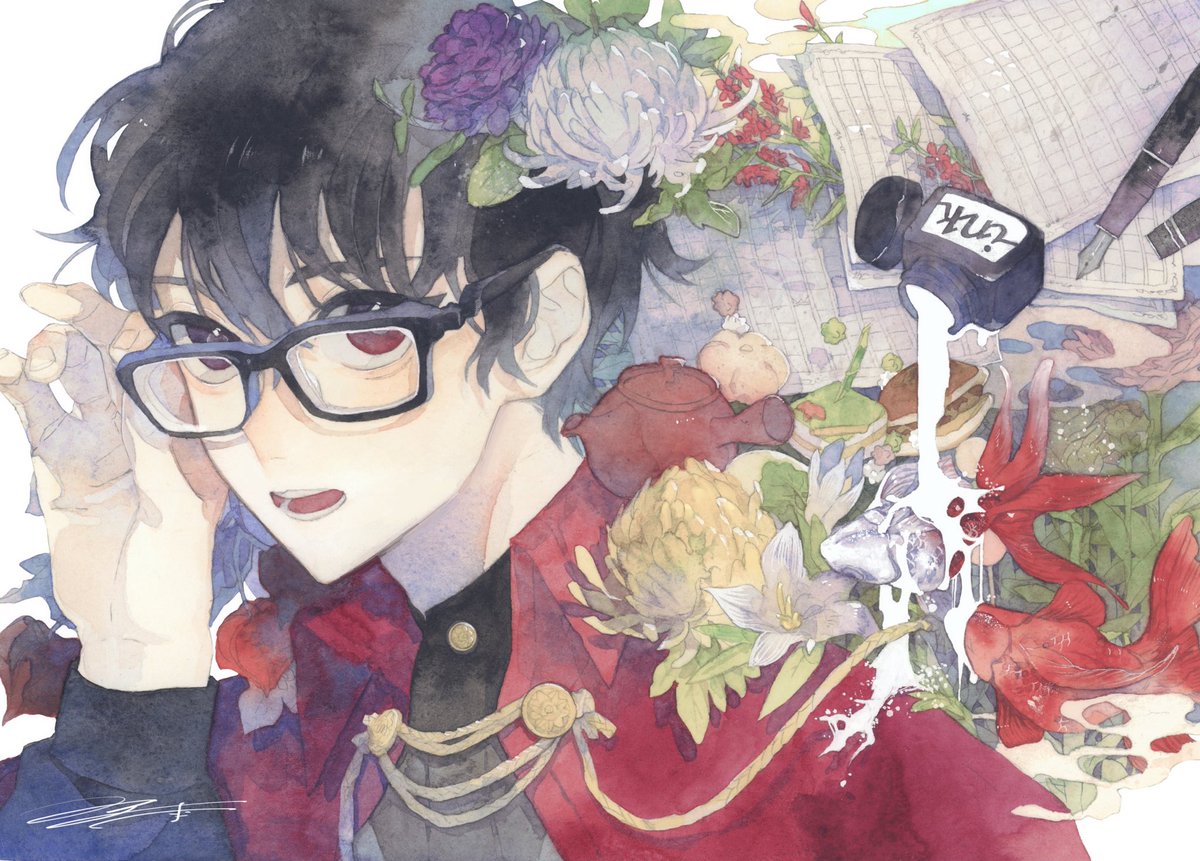 male focus 1boy black hair glasses flower solo white flower  illustration images