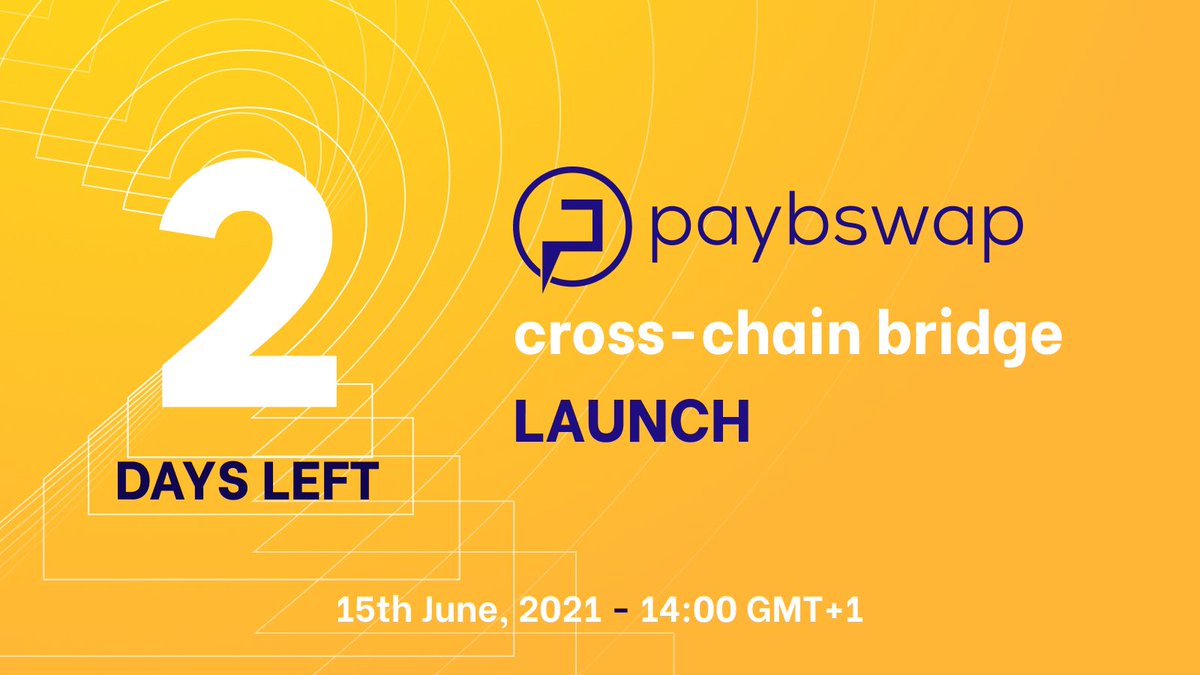 Paybswap cross-chain bridge launch! 
Happening👇
📅15th June, 2021
⏰14:00 GMT +1

Why wait when you can buy NOW!
💸BUY $PAYB on:
exchange.pancakeswap.finance/#/swap?outputC…

HOLD smart! 🔥🚀

#BSC #MATIC #ETC #ETH #Crosschain