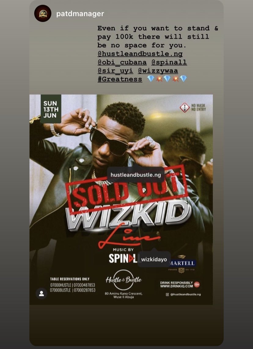 I saw this on the HustleandBustle page😂

It says even if you want to stand and pay 100K there’s no space. It’s 100% sold out!!

Wizkid has this Star-Power 💯🙏