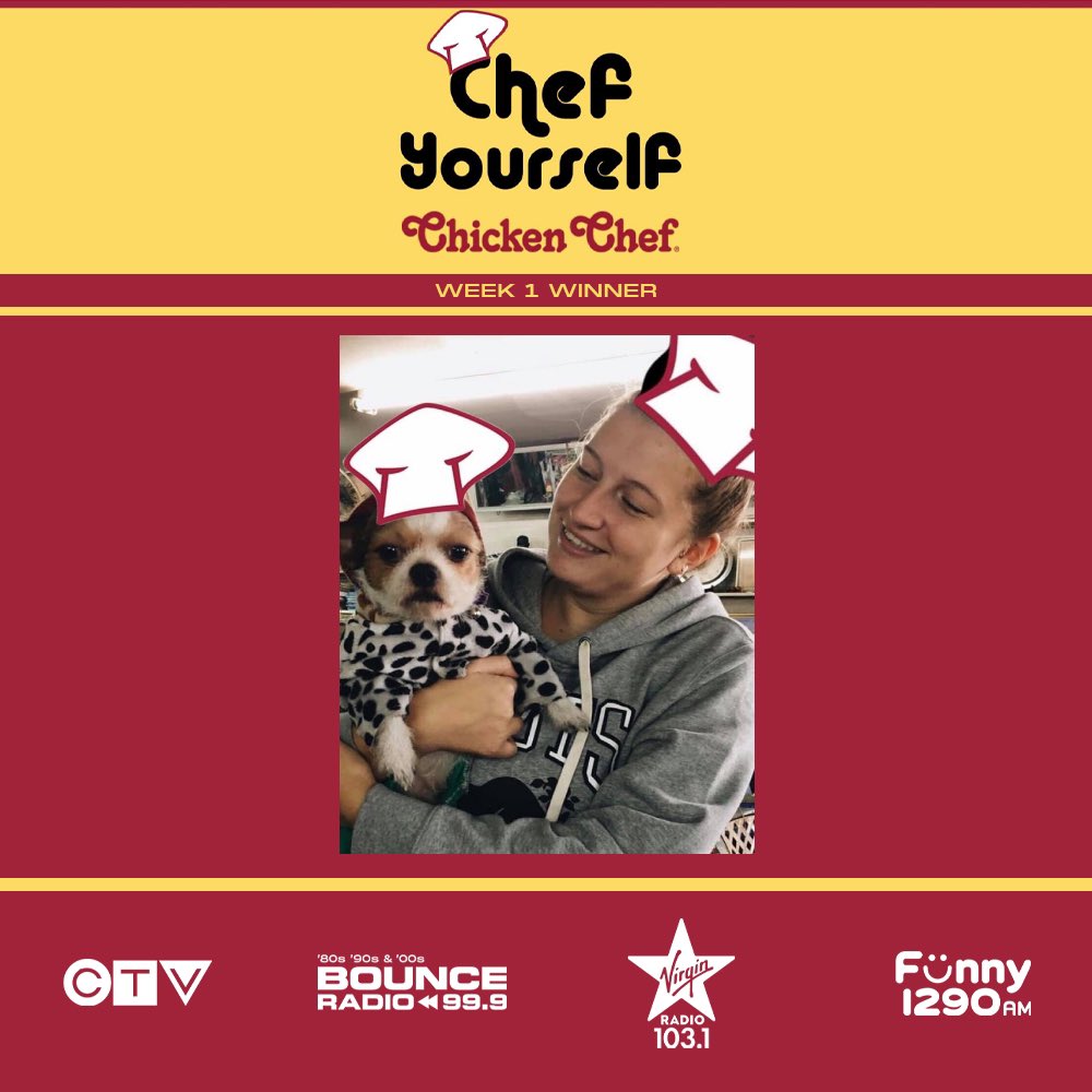 VirginRadioWPG's tweet photo. Congrats to Holly, our wk 1 winner in the #ChefYourselfContest

Holly gets $200 in Chicken Chef to enjoy a delicious family feast.
We grab a winner each week, all summer - so you could be next!! Get full details &amp; the Chicken Chef hat from our website for your chance to win!! https://t.co/WZUn64XPZQ