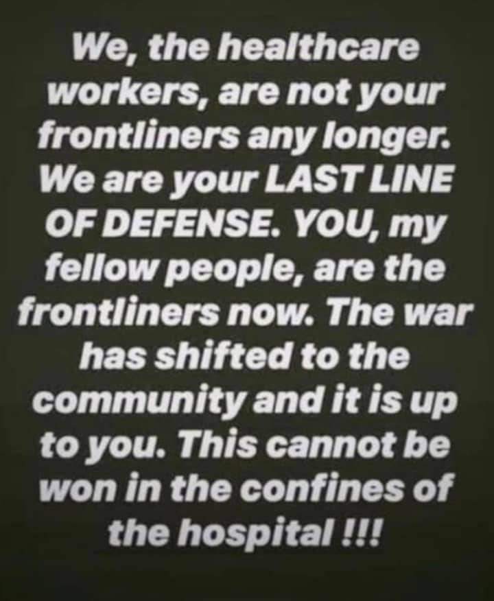 weldamouton's tweet photo. A message I took from one of our local health care workers’ facebook page today. The fight against #COVID19 cannot be won in the confines of the hospital. Play your part, wear your mask, sanitize, keep your distance, get the vaccine. #StandUpNamibia🇳🇦 We’ve cried too many tears.. https://t.co/bCP9KJNy3R