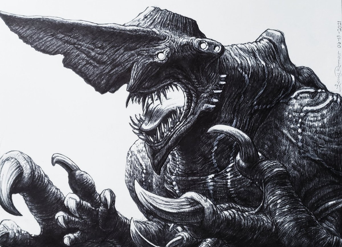 #Knifehead might now be my favorite kaiju from #PacificRim. What a fun design to draw!

#kaijune #kaijune2021 #legendary #illustration #lenzations #art #pen #bic