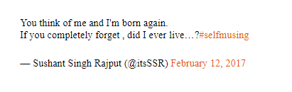 ignoreandfly's tweet photo. "You think of me and I'm born again.
If you completely forget, did I ever live?" - Sushant Singh Rajput.

Somewhere between Neurons and Narratives, you were born, l̶i̶v̶e̶d̶ dreamt, seemingly died but you will always be remembered. Hope you are at peace wherever you are 🌹 https://t.co/DMB8AR6z0N