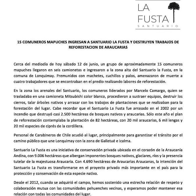mujeraraucania's tweet photo. Se llenan la boca hablando de la “pacha mama”, que el vínculo con la naturaleza y otras chácharas vacías: 
“15 comuneros mapuches ingresan a Santuario La Fusta y destruyen trabajos de reforestación de araucarias”
Esa es la realidad en la Macrozona Sur, que no les vendan cuentos https://t.co/1AzoNa9RcF