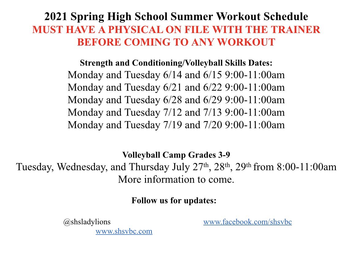 Summer Volleyball Workouts Start Tomorrow!! Again, you must have a physical on file with the trainer prior to workouts. We will meet in the main gym. Check out all of our summer dates. Can’t wait to see everyone tomorrow!!  🏐🏐🦁🦁<a href="/SpringISD/">Spring ISD</a> <a href="/SPRINGHIGHLIONS/">Spring High School</a> <a href="/SHSLionsAT/">SHS Lions Athletic Training</a> #Allin