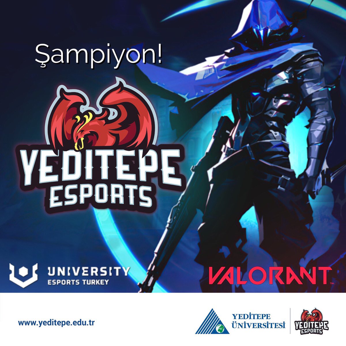 Yeditepe Golden Phoenix olarak Niştantaşı Üniversitesi'ne karşı aldığımız 3-0'lık galibiyetle VALORANT Üniversite Bahar Turnuvası şampiyonu oluyoruz. Bu galibiyetin kahramanları olan VALORANT oyuncularımızı ve bu yolda emeği geçen Yeditepe Espor Kulübü ekibimizi kutlarız.