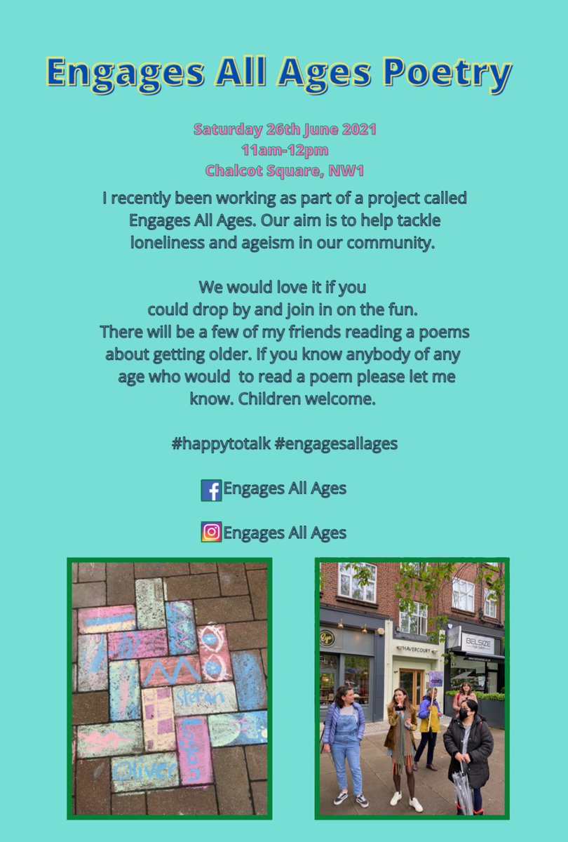 Oli6275's tweet photo. Engages All Ages Poetry is on the 26th June. Please pencil it in your diaries. #engagesallages #happytotalk #poetry #intergenerational #ageinclusive #chalcotsquare #primrosehill #nw1 #tackleloneliness https://t.co/eDRD6yqBa4