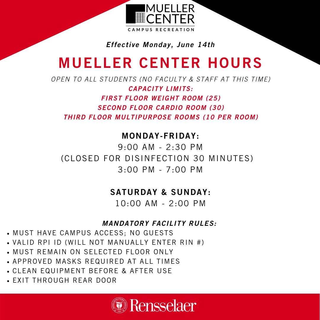 RPICampusRec's tweet photo. Mueller Center Updates | Effective Monday, June 14th: We have added weekend hours, increased capacity and eliminated workout time limits. https://t.co/Uf95UadXW9