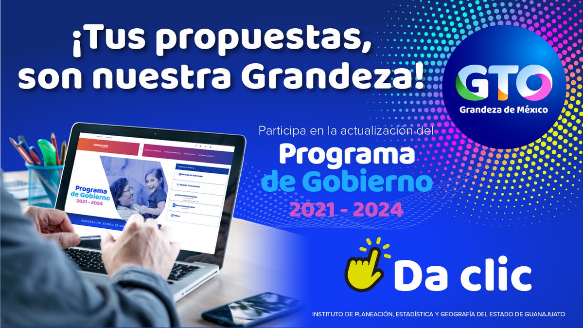 iplanegente's tweet photo. Tus opiniones y propuestas SÍ CUENTAN. 😁
📄 ¡Participa en la actualización del Programa de Gobierno GTO! Ingresa en el link   👉https://t.co/hs3FVfAN3K

Juntos sigamos construyendo la Grandeza de GTO.
#ProgramaDeGobiernoGTO #TuParticipación  #EsNuestraGrandeza https://t.co/XvF765wqOT