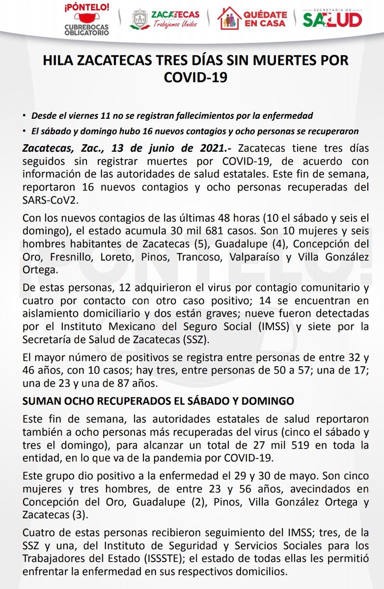 SSZ_Zac's tweet photo. #InfoSalud

¡ #Póntelo ! En Zacatecas, el uso del cubrebocas es obligatorio. 😷
Conoce la información oficial sobre COVID-19, en la página: https://t.co/23t8vfWjZq

Actualización del reporte sobre Coronavirus (COVID-19) en Zacatecas: https://t.co/z3KEEnqgys