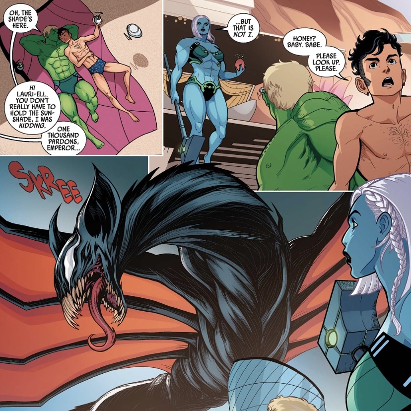 CrazyforRAMU's tweet photo. I love Lauri-Ell packing a #CombatBikini for her mission to chaperone/c**kblock #Wiccan and #Hulkling's honeymoon.

From #KingInBlack: Wiccan and Hulkling on #MarvelUnlimited. Writer: @TiniHoward Artist: @LucianoVecchio

#PlotCriticalCheesecake #Gunshow #DemAbs #FunnyPanels https://t.co/MtxJmrYf2W