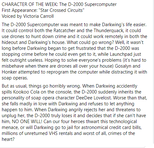 stcanardfiles's tweet photo. CHARACTER OF THE WEEK: The D-2000 Supercomputer
First Appearance: "Star Crossed Circuits"
Voiced by Victoria Carroll
#darkwingduck #ABCseason2 #letsgetdangerous #kookoocola https://t.co/KKeU3qgDZQ