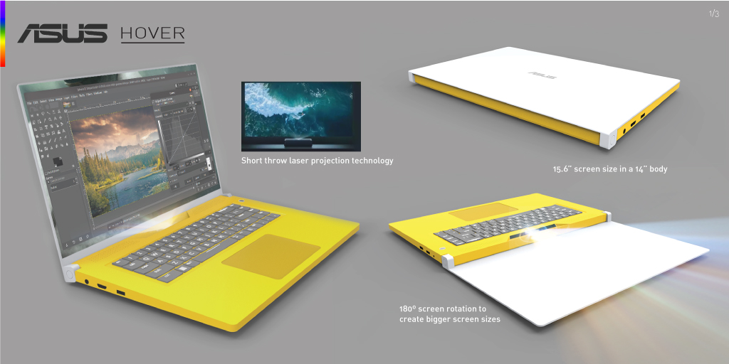 pauseornot's tweet photo. HOVER laptop uses short throw laser projection technology to create different size displays on clear surfaces, such as its hinged white screen for a 15.6 inch display. When tilted down, bigger displays can be generated without the need of a secondary monitor.
#ASUSDesignContest https://t.co/LFN9ma4BNw