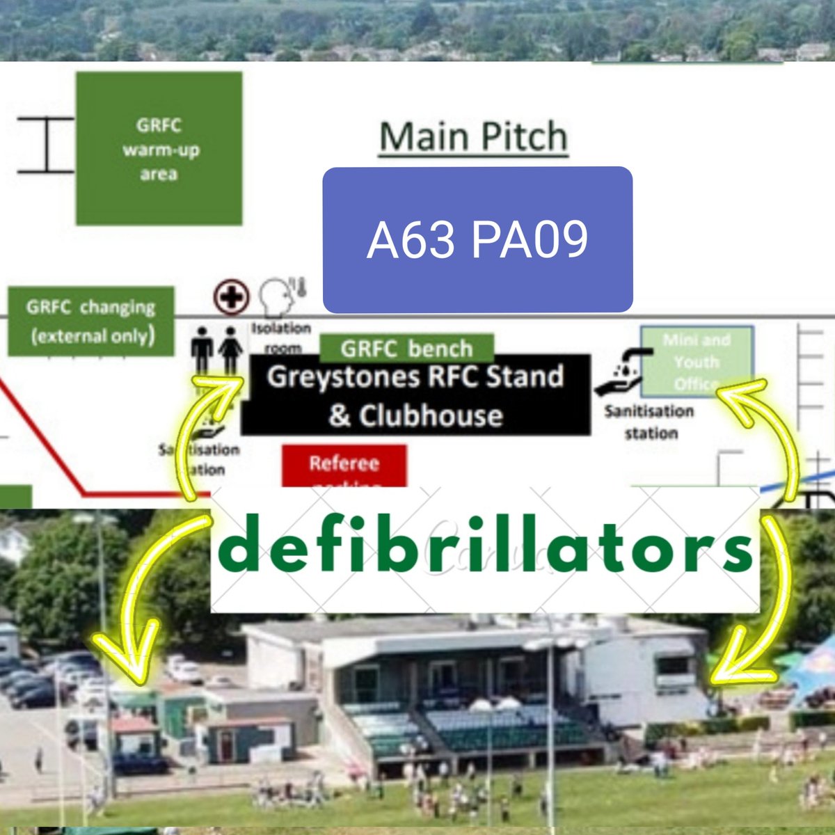 GreystonesRFC's tweet photo. Reminder for our members the club has 2 on-site defibrillators
🚩1 in the waiting area of the Physio office @greystonesphysio  - immediate 1st left as you enter main doors
🚩1 in the Youth Office cabin on south side of the car park
** in emergency, use eircode ~ club is A63 PA09 https://t.co/pIwz3Jcepf