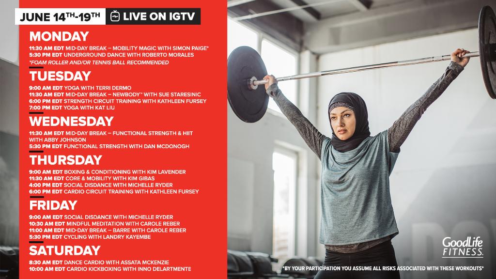 GoodLifeFitness's tweet photo. Need a little motivation? Let us help! Tune in for an Instagram Live workout class this week and get sweaty from the comfort of your own home. #GoodLifeAtHome https://t.co/64BTGMX10R