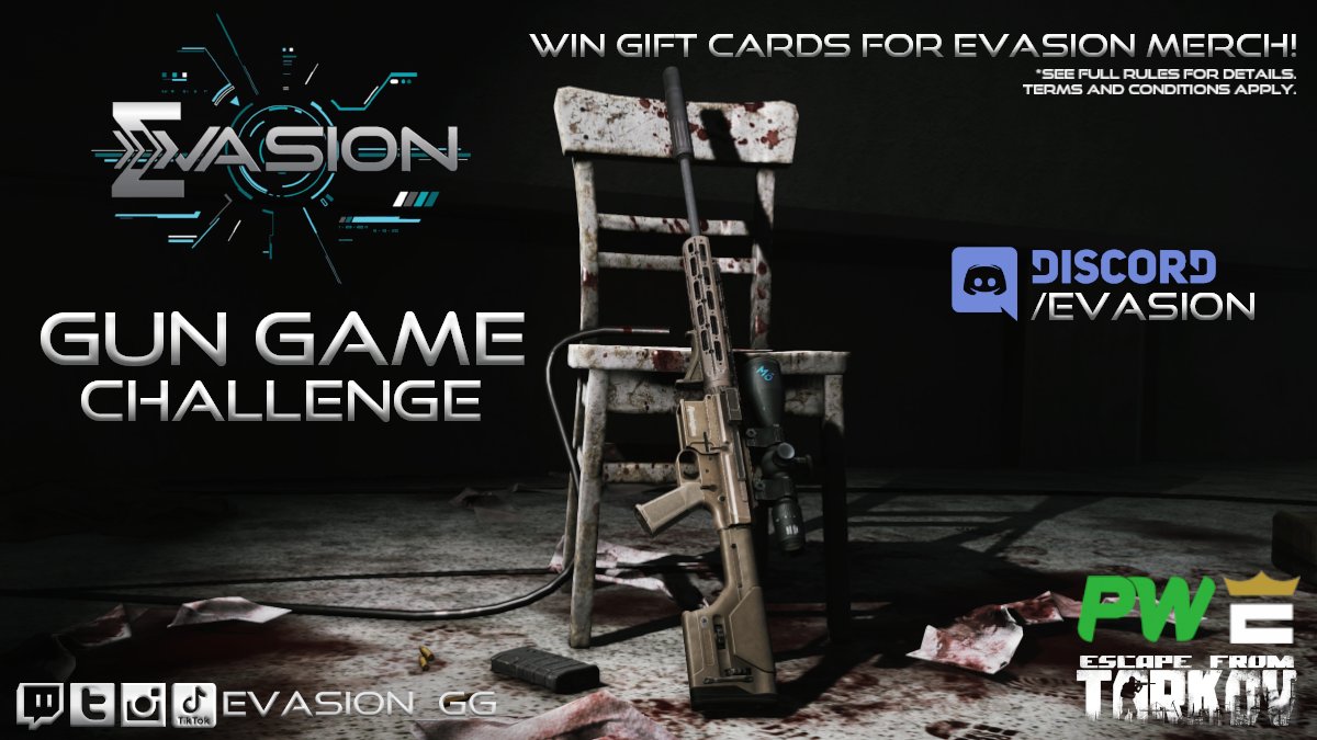 The time has come
<a href="/evasion_gg/">Evasion</a> 's first community challenge

Starting-June 14th at 7am EST 

Ending-June 21st at 11:59pm EST

Must be in the Evasion discord @ discord.gg/evasion

Rules 👉bit.ly/2RT4bTm

<a href="/bstategames/">Battlestate Games</a> <a href="/BetaEFT/">Escape from Tarkov</a> 

RT's 🙏