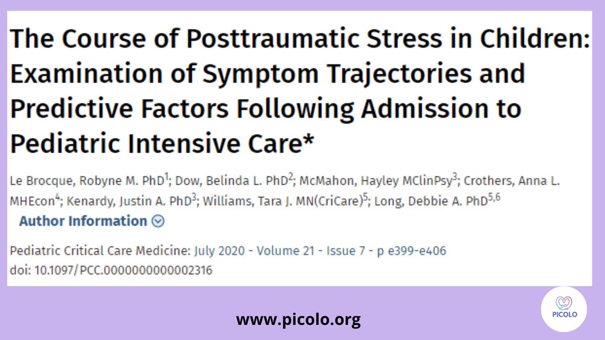 First study to examine trauma symptom trajectories in children following PICU admission 

"The majority of children with high levels of acute symptoms will continue to have chronic, ongoing PTSS." 
bit.ly/2TtTIhG