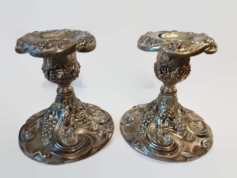 Set Of Godinger Silver Plate Candlestick Holders, Elegant Art Nouveau Candlelight For The Home, Silverplate Godinger Candleholder etsy.me/3wywuoY #silver #artnouveau #silverplate #elegantcandlelight #godingersilverplate #candlestickholder #grapedesign #frenchcountry