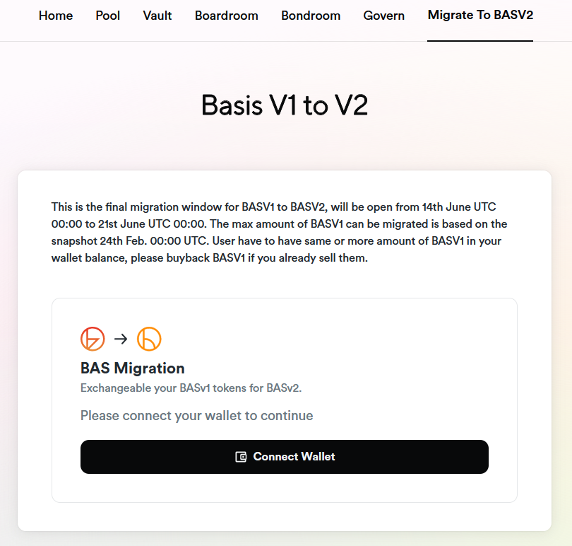 📯Attention BASv1 Holders❗️

Those who missed the first migration window can now exchange their tokens for BASv2 here 👇

app.basis.cash/migrate

Note that BASv1 balances as of 0000 UTC 2/24 are eligible to migrate and you will need BASv1 in your wallet in order to migrate.