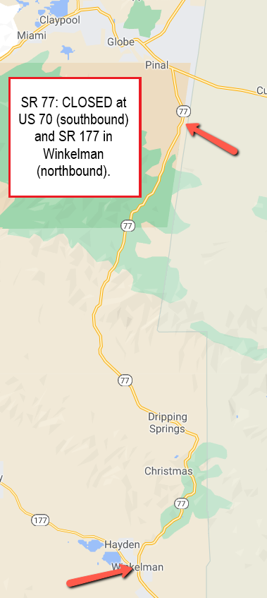 ArizonaDOT's tweet image. SR 77 is CLOSED due to the #TelegraphFire. SB lanes are closed at US 70; NB lanes at SR 177 in Winkelman. There is no estimated time to reopen the road.

Check the route before heading out w/ AZ 511 &amp;amp; ADOT Alerts apps: bit.ly/3xDbYo6

#SR77 #WinkelmanAz #US70 #aztraffic