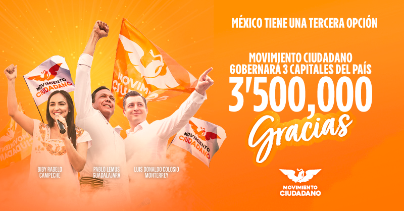 ClementeCH's tweet photo. ¡3.5 millones de gracias! Gracias a las y los mexicanos que creyeron y votaron por @MovCiudadanoMX, gobernaremos 3 de las capitales más importantes del país: Guadalajara, Monterrey y Campeche. Construiremos buenos gobiernos y defenderemos las causas de las personas. https://t.co/5Wm90JlxL0